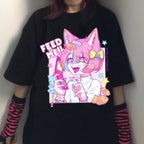 Cute Pastel Sweet Fox Anime Girl Cartoon Print Short Sleeve T-shirt Loose Punk Aesthetic Casual Summer E-Girl Kawaii Korean Japanese Harajuku