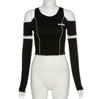 Cute Black Patchwork Cut Shoulder Crop Top Short Sleeve Shirt Punk Goth Summer Aesthetic Casual E-Girl Kawaii Korean Japanese Harajuku