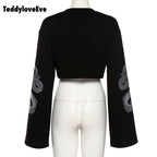Sexy Black Goth Punk Dragon Print Vintage Sweatshirt Loose Crop Top Long Sleeve Shirt T-shirt E-Girl Kawaii Korean Japanese Harajuku Streetwear
