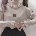 Cute Bear Embroidery Turtleneck Vintage Sweater High Neck Ruffle Pullover Long Sleeve Knit E-Girl Kawaii Korean Japanese Harajuku Streetwear