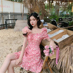 Pink Flower Ruffle Puff Sleeve Dress