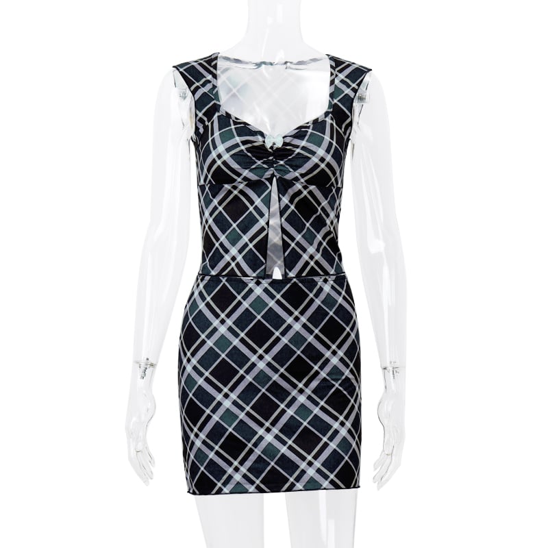 2PCS Black & White Plaid V Neck Top + Mini Skirt