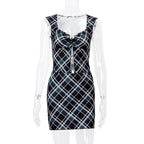 2PCS Black & White Plaid V Neck Top + Mini Skirt