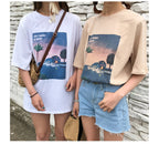 Cute Vintage Pastel Summer Beach Art Print Short Sleeve Tee Shirt T-shirt Top Oversized Loose Causal E-Girl Kawaii Korean Japanese Harajuku Streetwear