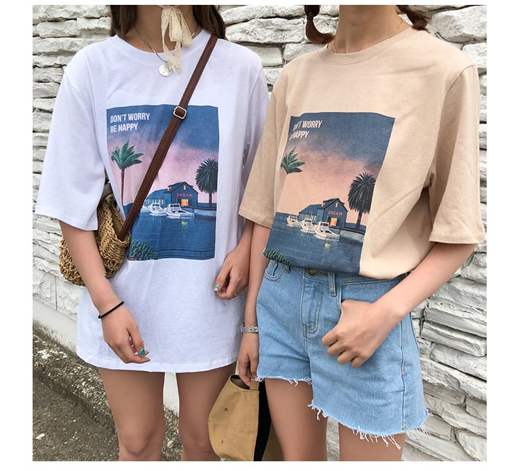 Cute Vintage Pastel Summer Beach Art Print Short Sleeve Tee Shirt T-shirt Top Oversized Loose Causal E-Girl Kawaii Korean Japanese Harajuku Streetwear