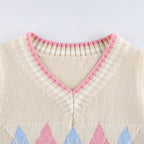 Cute Argyle Plaid Sleeveless V Neck Knit Sweater Sweatshirt Preppy Crop Top Pullover Aesthetic E-Girl Kawaii Korean Japanese Harajuku Streetwear