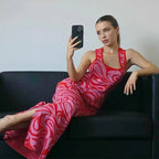 Pink & Red Pattern Criss Cross Split Hem Dress