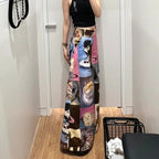 Cat Contrast Patchwork Wide Leg Trousers