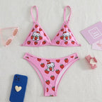 2PCS Pink Strawberry Japanese Cat Bikini Set