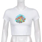 Mushroom Print Cropped Short Sleeve T-shirt