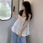 White Ruffle Spaghetti Strap Tank Top