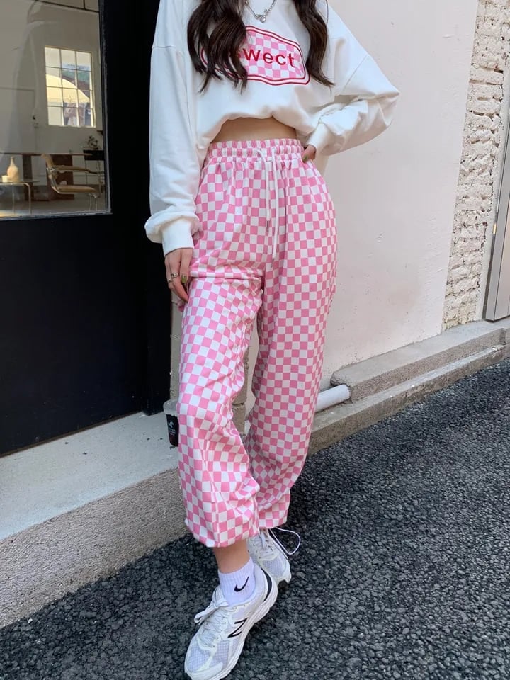 Pink Gingham Loose High Waist Pants