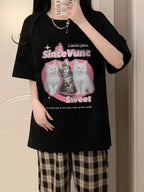 Retro Cat Print Short Sleeve T-shirt