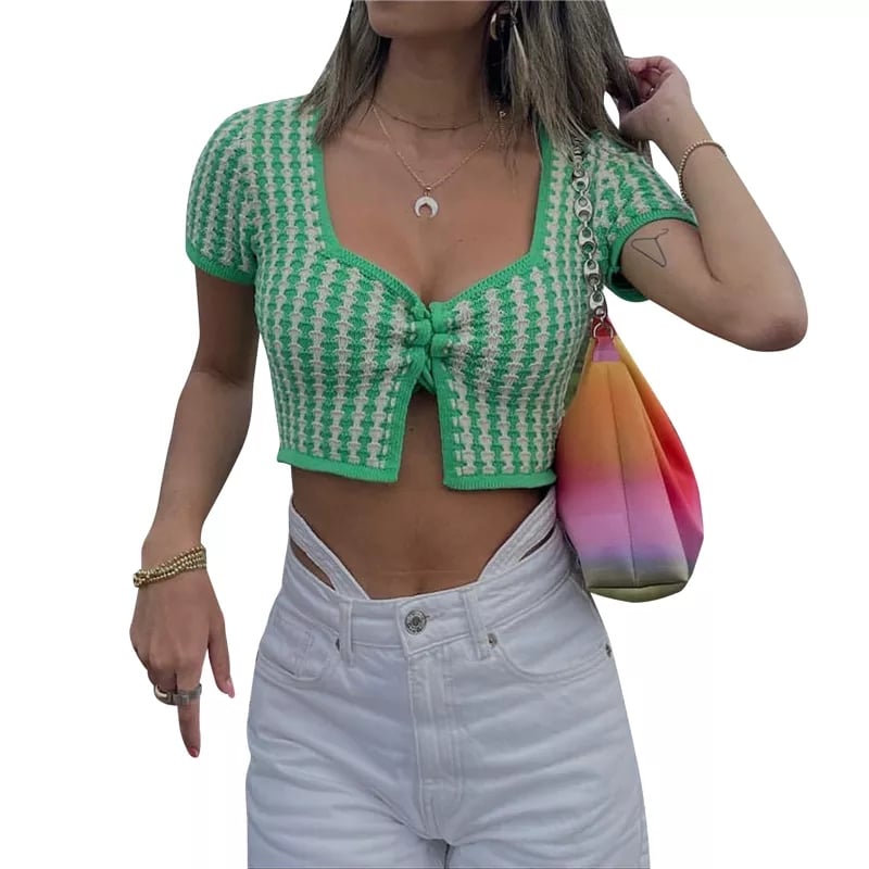 Green Plaid Square Collar Bandage Knit Short Sleeve T-shirt