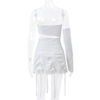 White Hollow Out Drawstring Strapless Mini Dress