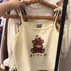 Cute Brown Bear Cherry Graphic Cartoon Print Camisole Spaghetti Strap Shirt Aesthetic Casual Summer E-Girl Kawaii Korean Japanese Harajuku