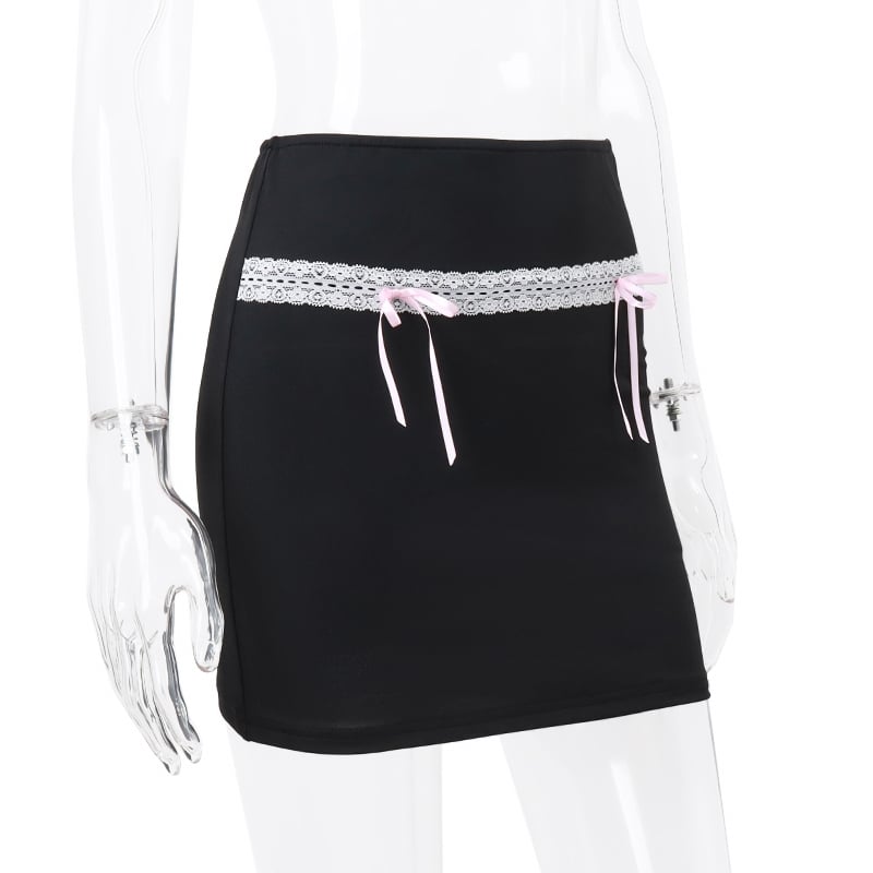 Black Bow Lace Trim High Waist Mini Skirt