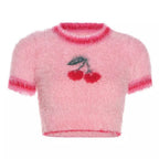 Pink Cherry Fluffy Soft Short Sleeve Shirt Crop Top Summer Aesthetic Casual E-Girl Kawaii Korean Japanese Harajuku