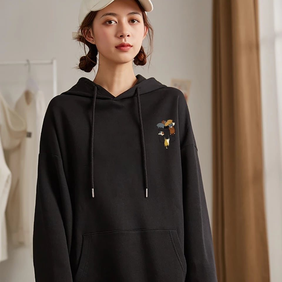 Cute Cat Cartoon Pocket Print Loose Fleece Hoodie Crewneck Pullover Sweatshirt Aesthetic Casual E-Girl Kawaii Korean Japanese Harajuku