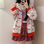 Cute Kitty Cat Cartoon Print Oversized Zipper Hoodie Sweatshirt Long Sleeve Pullover Aesthetic Casual Summer E-Girl Kawaii Korean Japanese Harajuku