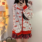 Cute Kitty Cat Cartoon Print Oversized Zipper Hoodie Sweatshirt Long Sleeve Pullover Aesthetic Casual Summer E-Girl Kawaii Korean Japanese Harajuku