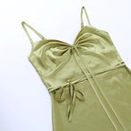 Green Satin Waist Tie Dress