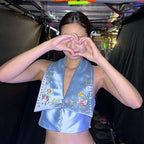 Blue Flower Embroidery Collar Vest Top
