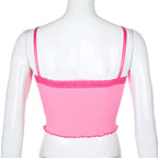 Cute Sexy Lace Patchwork Camisole Spaghetti Strap Crop Top Shirt Tee T-shirt E-Girl Kawaii Korean Japanese Harajuku Chinese Retro Streetwear Aesthetic