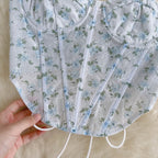Blue Floral Lace Up Backless Corset Top