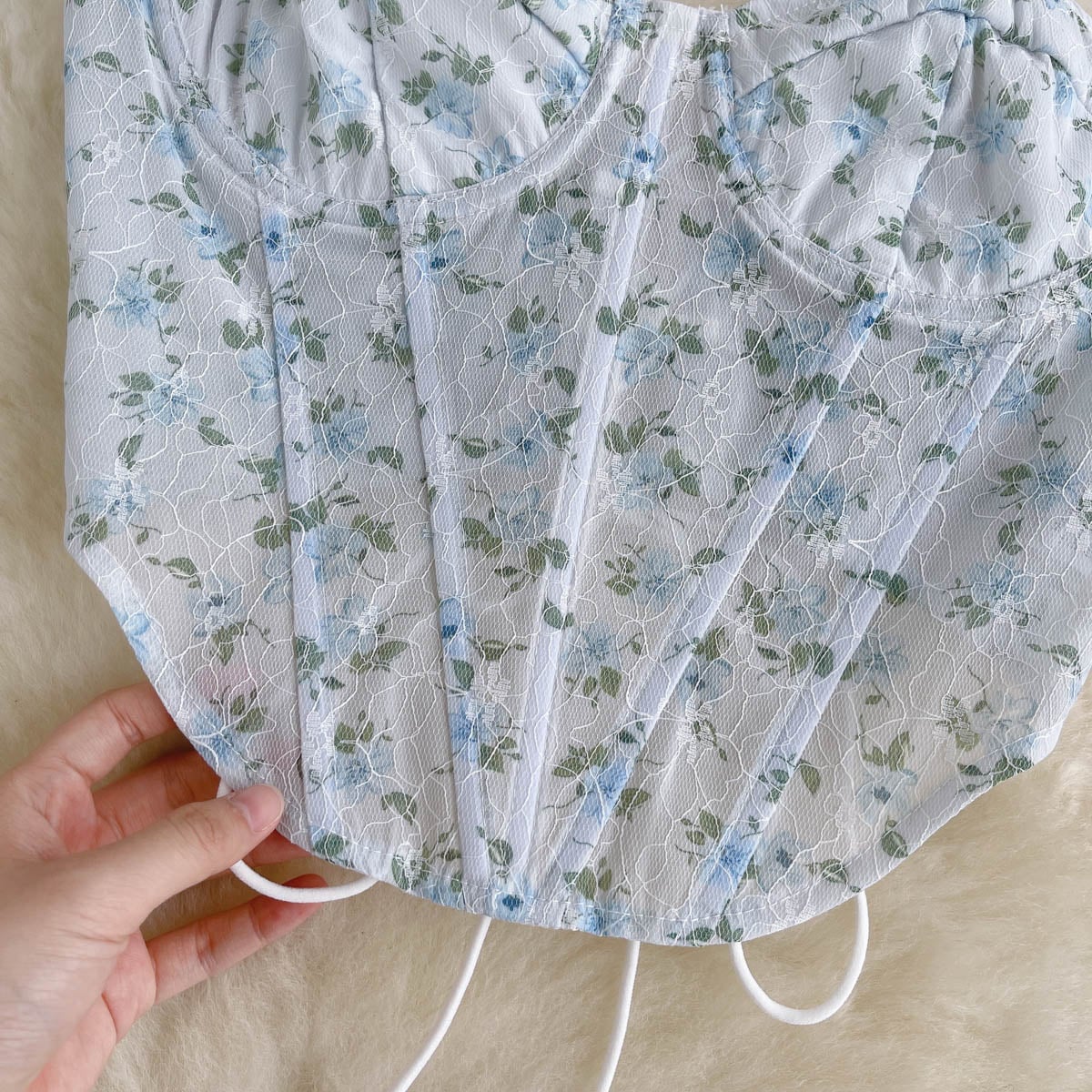 Blue Floral Lace Up Backless Corset Top