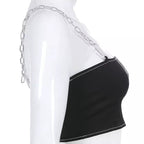 Sexy Black Goth Punk Letter Print Metal Chain Camisole Tank Crop Top Shirt Summer E-Girl Kawaii Korean Japanese Harajuku Retro Streetwear