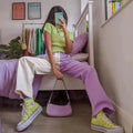 Purple & White Patchwork Straight Wide Leg Pants
