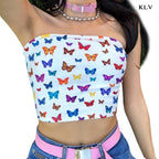 Cute Sexy Butterfly Print Colorful Crop Top Tube Off the Shoulder T-shirt Tee Shirt E-Girl Kawaii Korean Japanese Harajuku Retro Streetwear Fashion