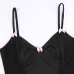 Sexy Pink Ribbon Bow Mesh Panel V Neck Crop Top Camisole Sleeveless Shirt Summer Goth Aesthetic E-Girl Kawaii Korean Japanese Harajuku Streetwear