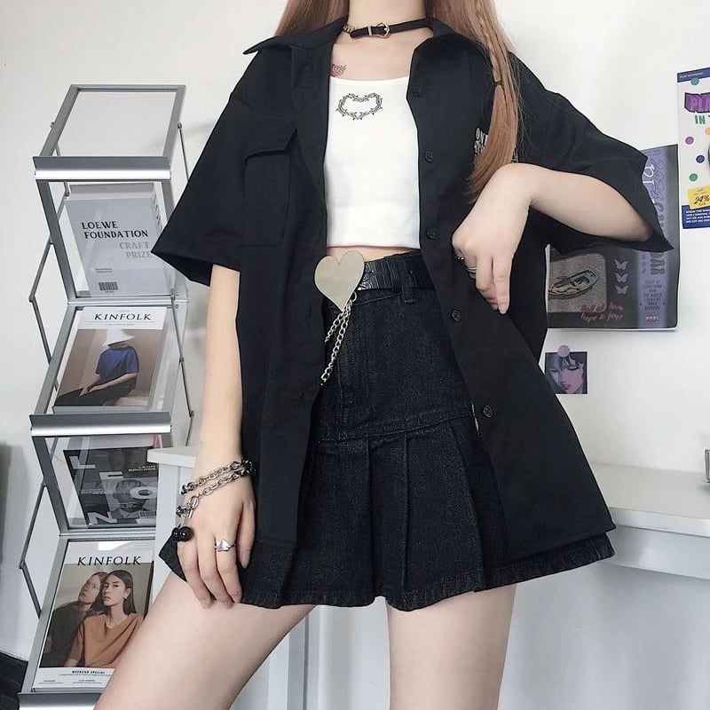 Cute Black Heart Bow Pocket Denim Mini Skirt High Waisted Pleated Aesthetic Goth Casual Summer E-Girl Kawaii Korean Japanese Harajuku