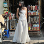 2PCS White Strapless Lace Ruffle Top + Long Skirt Set