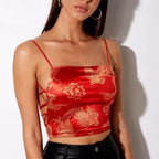 Cute Sexy Red Dragon Backless Bandage Spaghetti Strap Crop Top Sleeveless Shirt Summer Aesthetic Casual E-Girl Kawaii Korean Japanese Harajuku