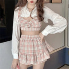 Cute 3 Piece Pink Plaid Gingham Print Set White Blouse With Crop Top And High Waist Ruffles Skirt Summer E-Girl Kawaii Korean Japanese Harajuku