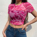 Green Heart Print Transparent Mesh Sheer Crop Top Short Sleeve Shirt Summer Aesthetic Casual E-Girl Kawaii Korean Japanese Harajuku