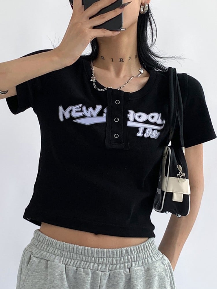 Black Graffiti Print Button Crop Top