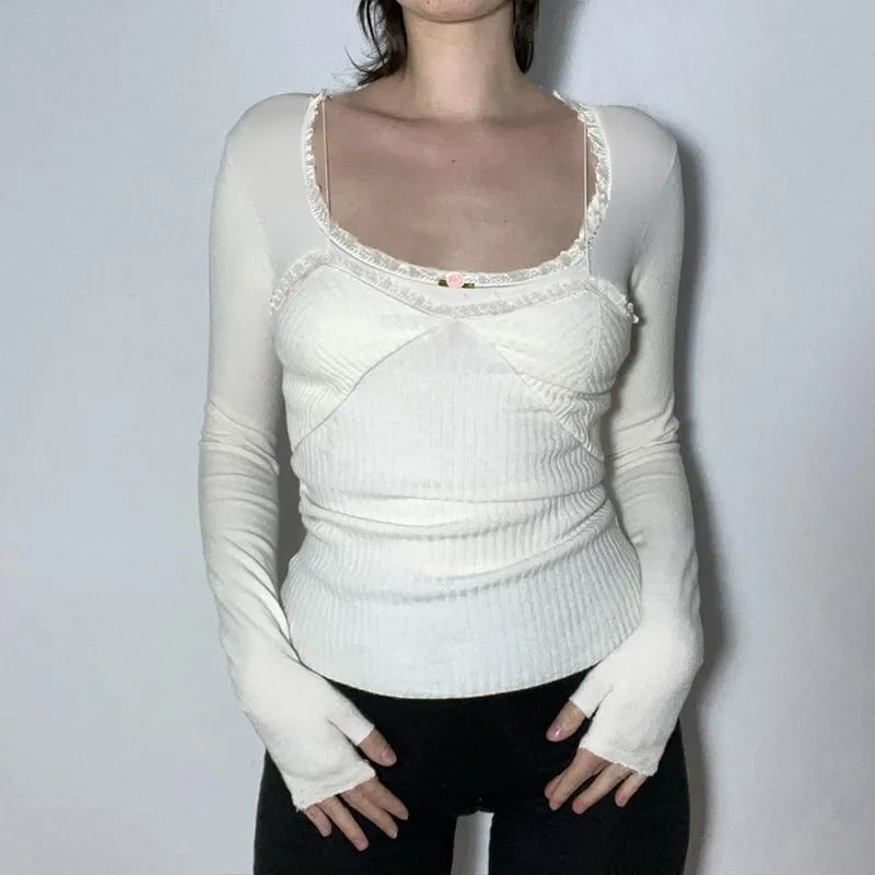 White Lace Trim Square Collar Long Sleeve Shirt