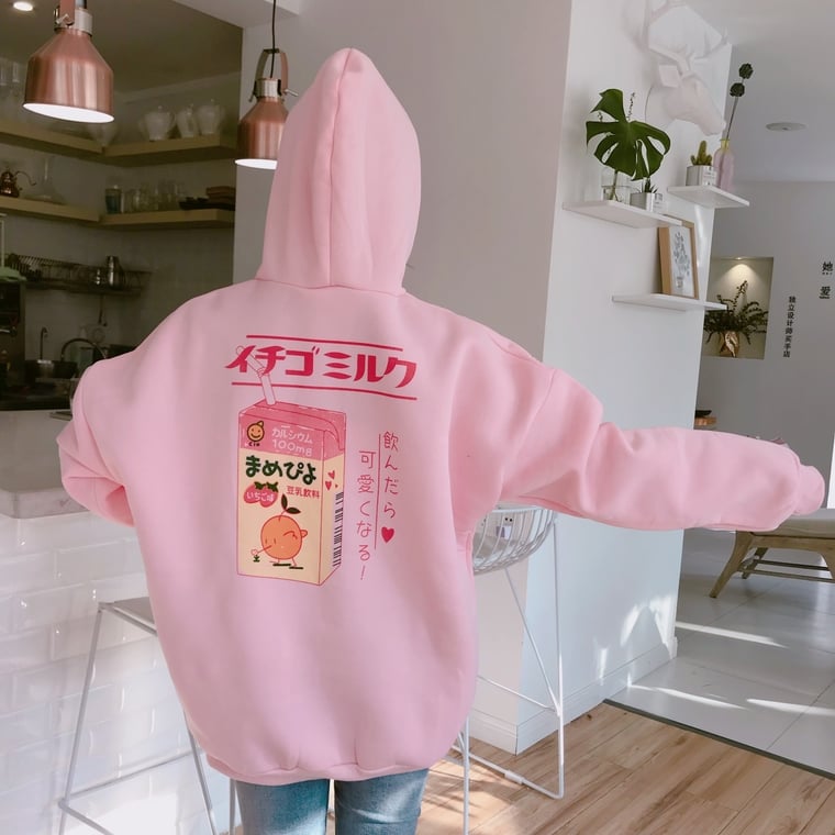 Cute Pastel Pink Peach Cartoon Print Long Sleeve Hoodie Pullover Sweater Sweatshirt Autumn Winter E-Girl Kawaii Korean Japanese Harajuku Streetwear
