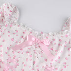White Floral Puff Short Sleeve Lace Patchwork Mini Dress Summer Aesthetic Casual E-Girl Kawaii Korean Japanese Harajuku