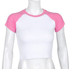 Cute Pink White Contrast Basic Crop Top Short Sleeve Shirt Tee T-shirt Kawaii Korean Japanese Harajuku Chinese Retro Streetwear Aesthetic Fashion