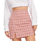 Cute Pink Black Plaid Check Print Split Bodycon A-Line High Waisted Mini Skirt Bottom E-Girl Kawaii Korean Japanese Harajuku Retro Streetwear Fashion