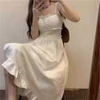 Cute White Ruffle Maxi Dress Fairy Strap Tank Lace Sundress Party Cottage Aesthetic Casual Summer E-Girl Kawaii Korean Japanese Harajuku