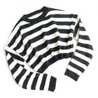 Cute Black White Stripe Loose Oversize Crop Sweater Long Sleeve Shirt Sweatshirt Pullover Casual E-Girl Kawaii Korean Japanese Harajuku Streetwear