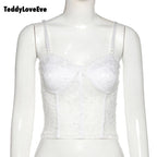 Cute Sexy Floral Lace Corset Camisole Tank Crop Top Sleeveless Shirt Bodycon Goth Punk Summer Casual E-Girl Kawaii Korean Japanese Harajuku Streetwear