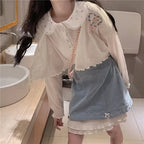 White Preppy Flower Embroidery Short Sleeve Blouse