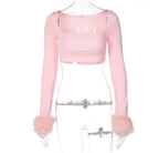 Pink Furry Cuff Long Sleeve Crop Top